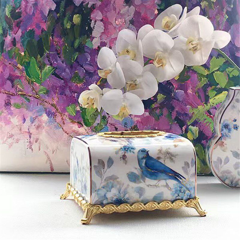 青花瓷花瓶摆件客厅插花中式国风陶瓷纸巾盒复古玄关瓷器高级感