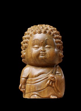天然绿檀玉檀实木雕刻宝宝佛文玩手把件初心可爱善良祝福桌面摆件