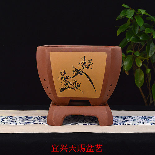 宜兴天赐盆艺158四方带底座精品手工兰花盆室内盆景 绿萝吊植卉盆