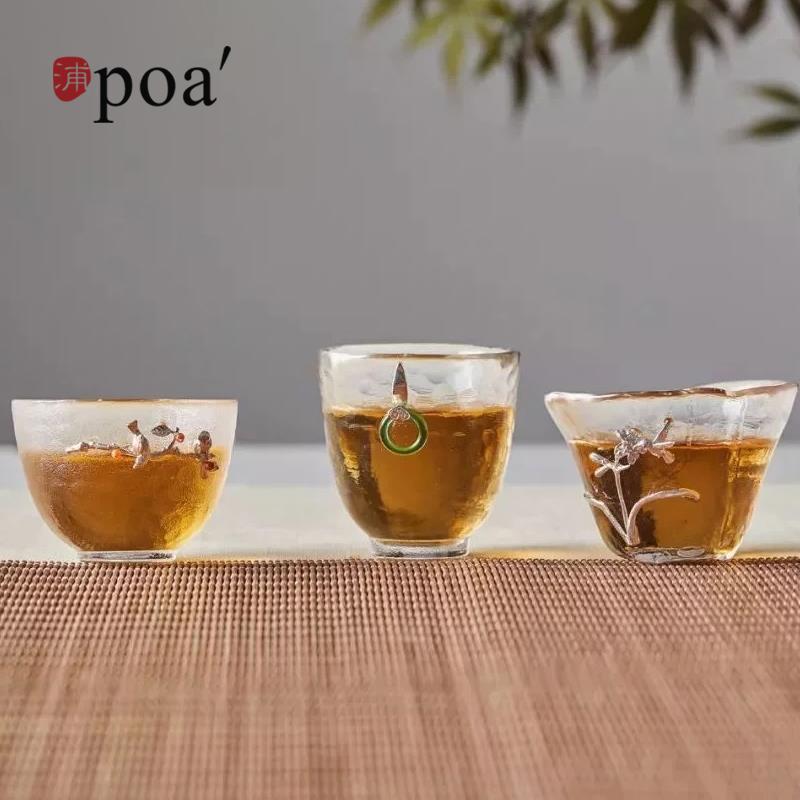 浦poa国风镶银玻璃杯手工锤纹茶杯品茗主人杯茶具中秋教师节