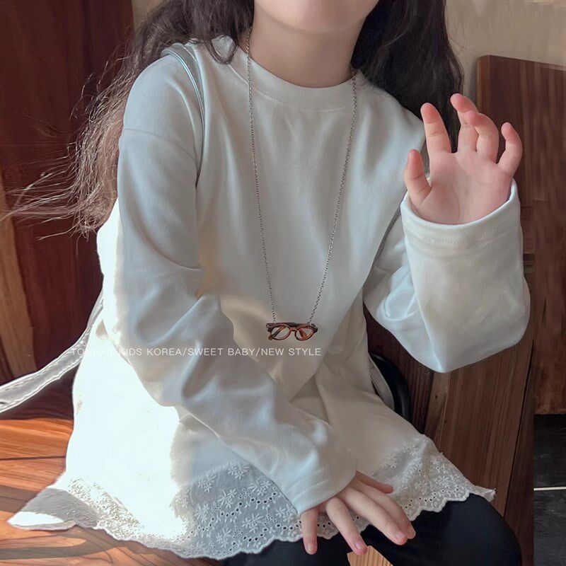 女童长袖打底衫2025新款中大儿童白色卫衣洋气蕾丝边T裙t恤上衣白