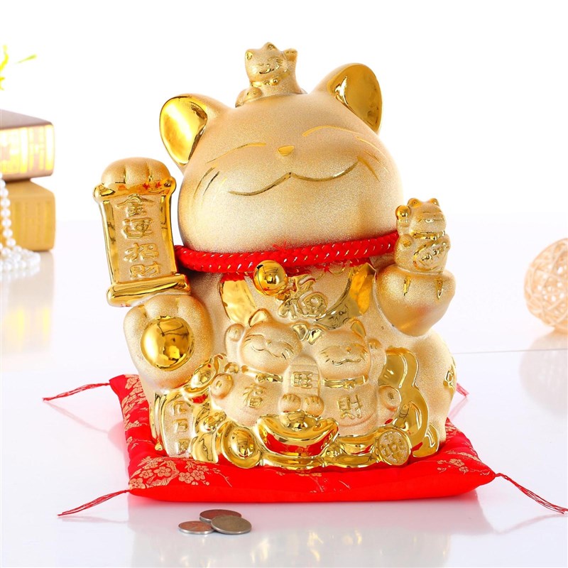金色招财猫摆件大号陶瓷大气发财猫存钱罐或摇手开业装饰创意礼物