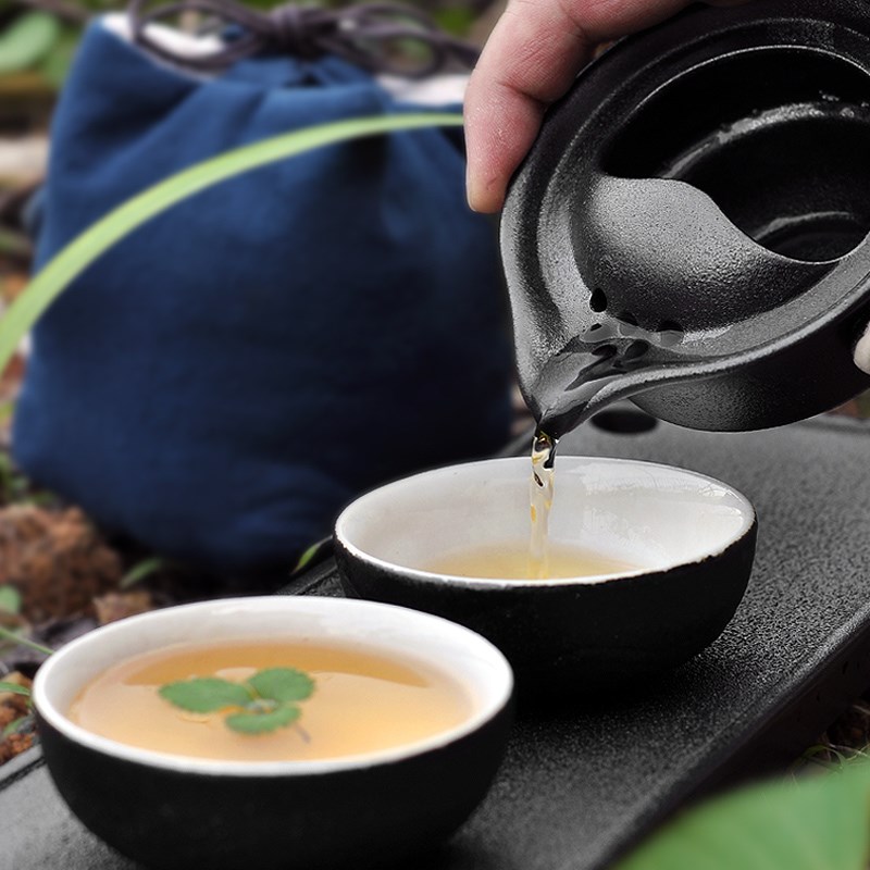 旅行功夫茶具便携陶瓷快客杯一壶两杯茶盘套装1人2人茶杯黑陶柴烧