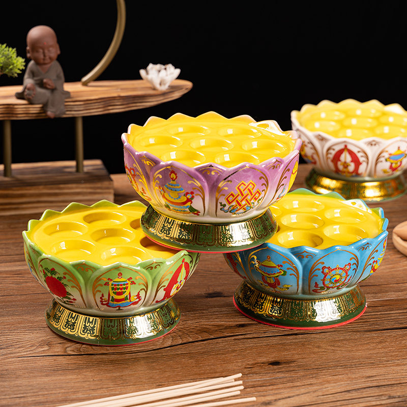 供灯七盏家居蜡烛台陶瓷酥油灯座八吉祥莲花灯架七彩灯盘