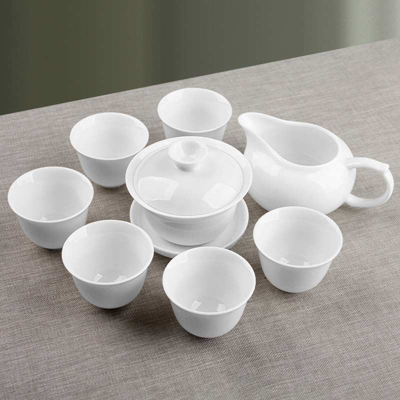陶立方 白瓷茶具套装玉瓷盖碗八件套陶瓷敬茶碗组合功夫茶具配件