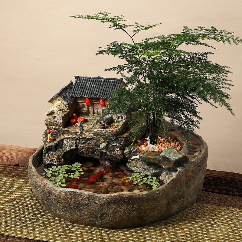 复古农家小院微景观老房子创意盆摆水培花盆器鱼桌面皿缸流水栽件
