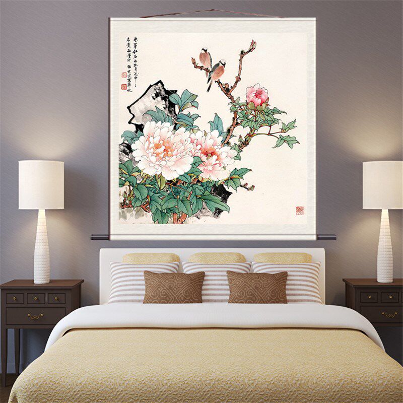 斗方卷画花画鸟画家居装饰轴卧室壁画牡丹小鸟厚德载物丝绸挂画新