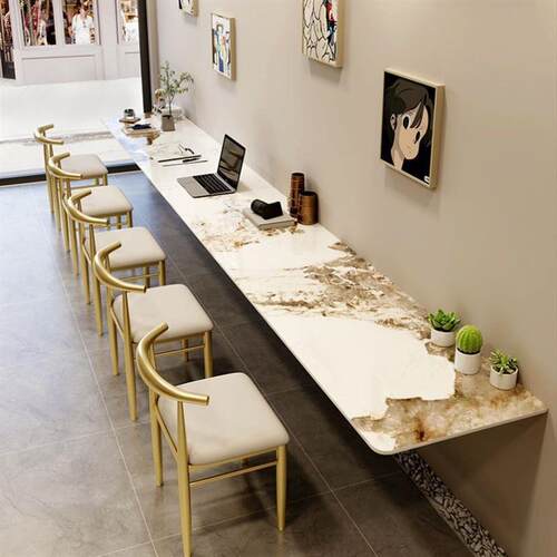 岩板悬浮餐桌商用长条白色玄关台咖啡店甜品店小吃快餐店桌椅组合