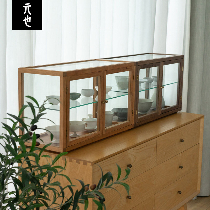 木质陈列展示柜玻璃钢化复古茶饮具双层小型手办首饰收藏元也设计