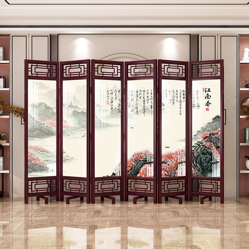 新中式隔断客厅办公室酒店入门玄关遮挡自带十字旋转底座镂空屏风