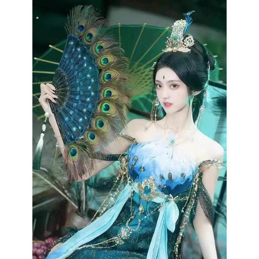 孔雀羽毛折扇刺绣扇黑杆亮片扇子咏春礼品扇诸葛亮羽毛扇中国风