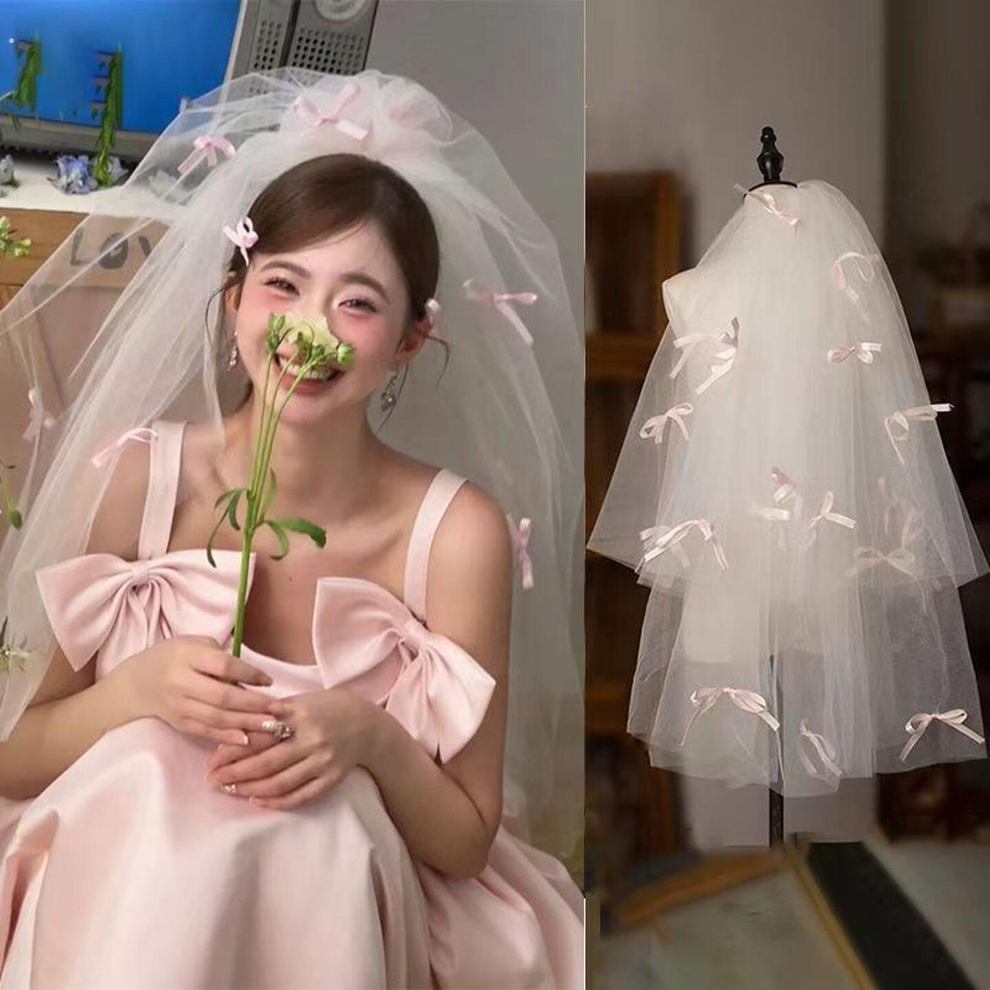 求婚头纱韩式新娘头饰仙美小蝴蝶结珍珠发饰主婚纱造型可爱拍照