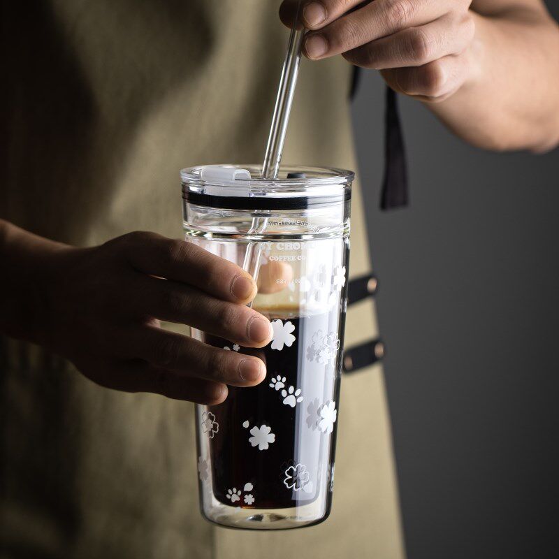 双层玻璃水杯子女生大容量吸管杯成人耐热带盖冷饮咖啡杯牛奶茶杯