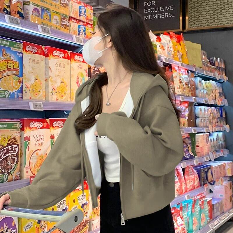 短款外套女士黑色卫衣女春秋2024新款小个子加绒开衫拉链开衫上衣