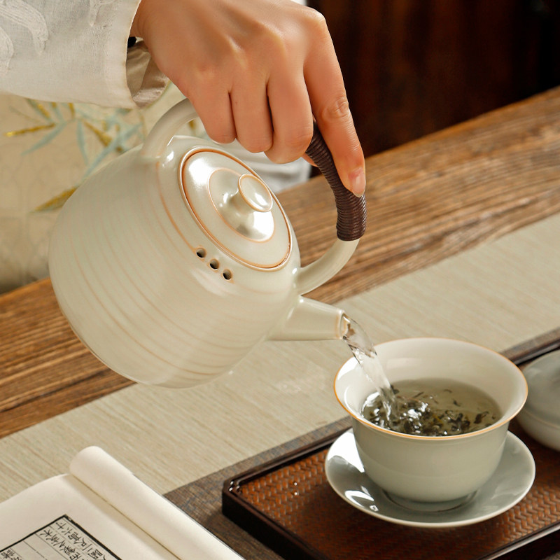 苏打釉煮茶壶日式家用陶瓷炭火烧水壶泡茶提梁壶一壶两杯围炉煮茶