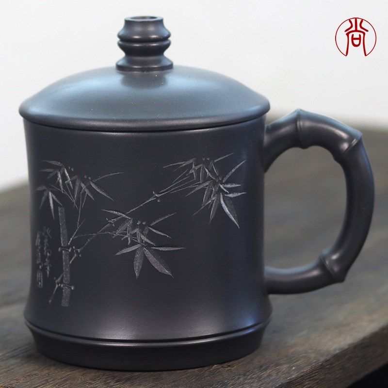 石黄紫砂杯大容量宜兴男士高档中式盖杯办公室家用泡茶杯陶瓷杯子