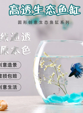 包邮炮弹款小型圆形金鱼缸生态创意玻璃鱼缸桌面乌龟缸家用水培缸