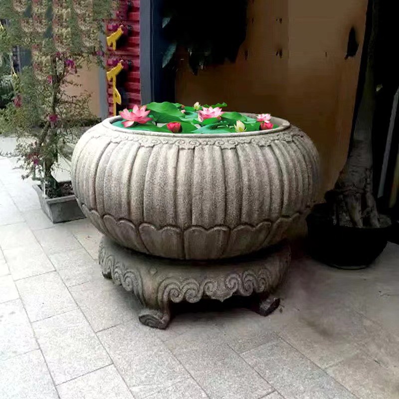 石雕鱼缸花盆青石仿古做旧圆形荷花缸户外室内庭院装饰石头缸摆件