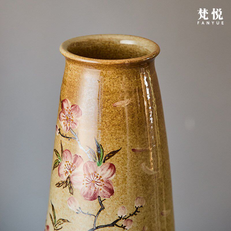 梵悦 景德镇复古全手工粗陶手绘桃花花瓶可养鲜花花器