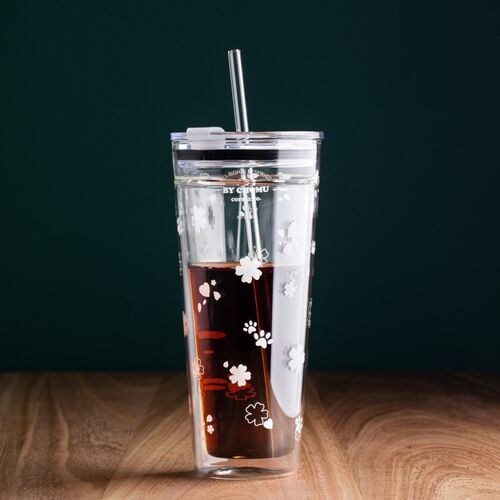 双层玻璃水杯子女生大容量吸管杯成人耐热带盖冷饮咖啡杯牛奶茶杯