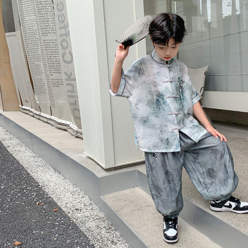男童夏季汉服短袖套装2024新款儿童国风新中式古风薄款演出服唐装