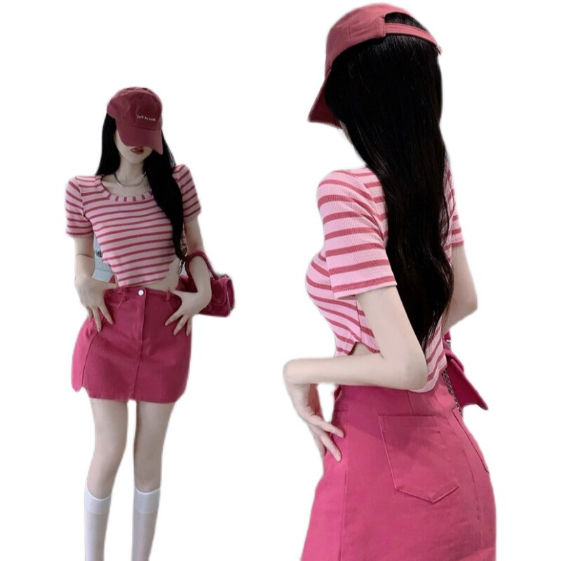 玫红色牛仔短裙女夏甜辣开叉包臀A字裙子显瘦百搭大码高腰半身裙