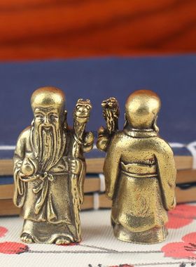黄铜做旧托桃老把星桌面摆件迷你小铜器手寿件纯品工艺铜长寿仙翁