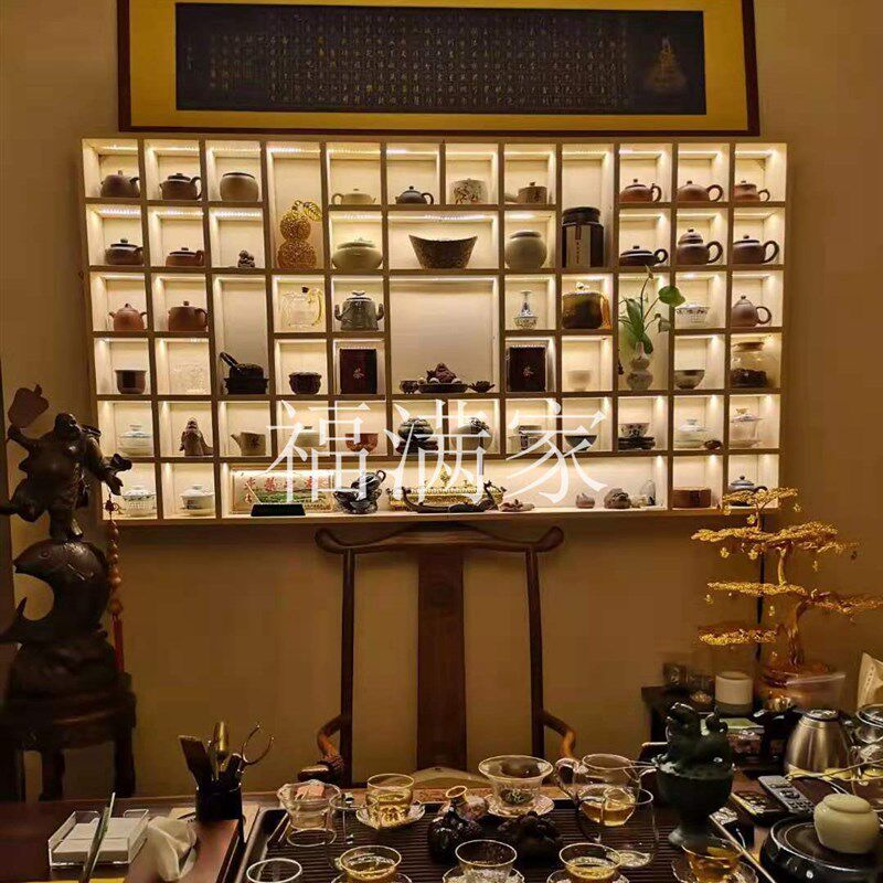 定做带灯光实木格子架茶壶架展示架壁挂展示柜博古架多宝阁格子柜