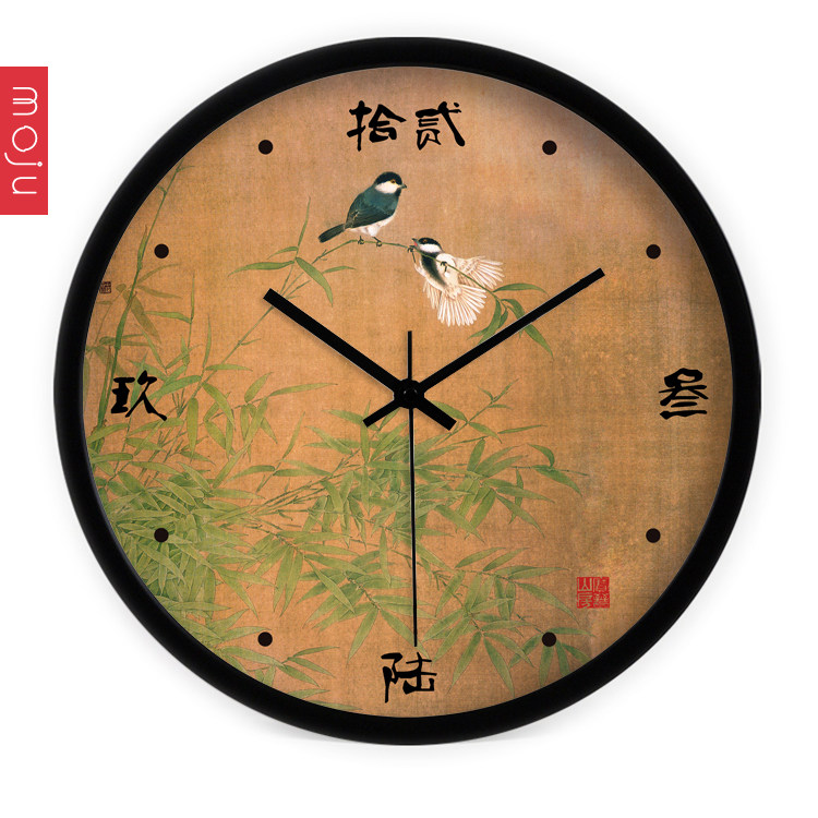 邮 创意典中式古新工笔花鸟包客厅卧室现代静音时钟石英钟挂钟