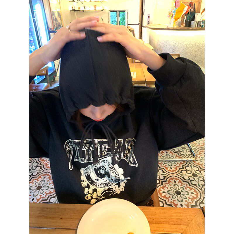 落落狷介深灰色卫衣女2024年秋季新款设计感宽松连帽套头外套薄款