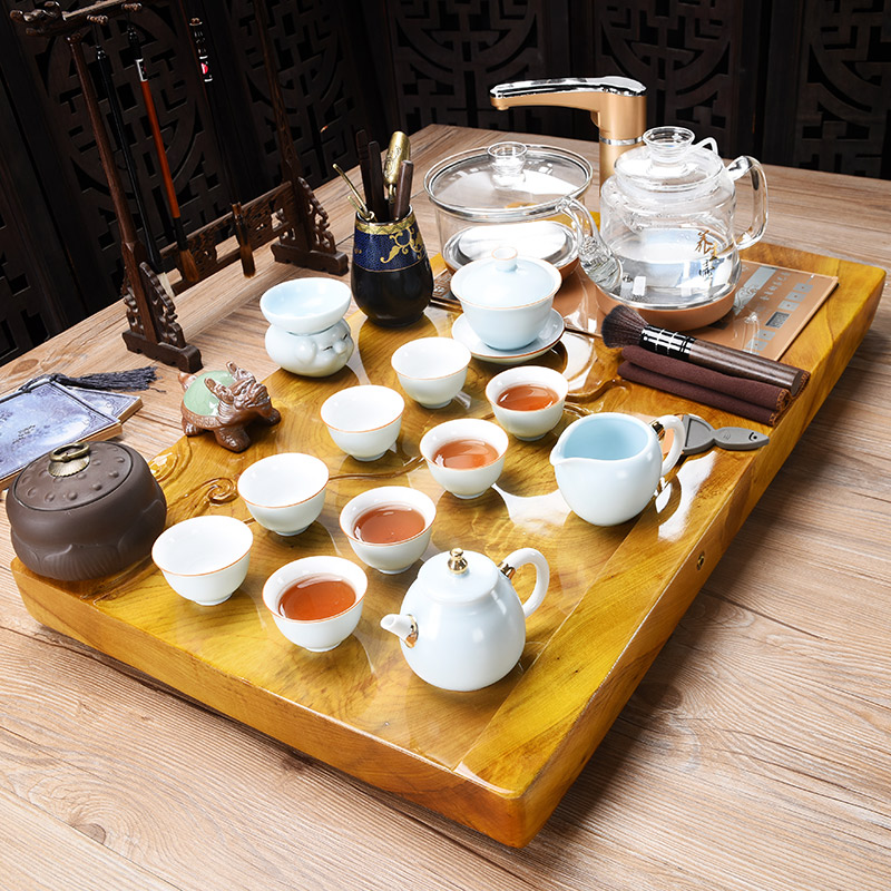 金丝楠木茶具套装家用玻璃烧水壶一体客厅简约茶盘全自动整套茶海