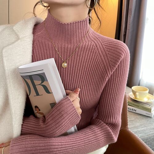 半高领打底衫女内搭秋冬季2024新款修身中领针织毛衣春秋蓝色上衣
