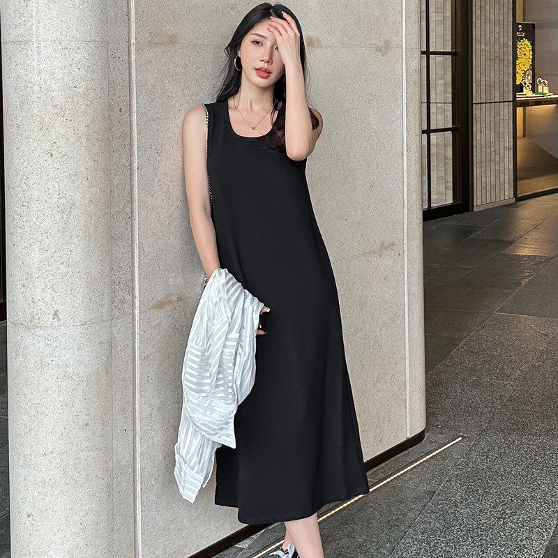 黑色吊带连衣裙中长款无袖背心裙女夏宽松显瘦内搭裙子垂感小黑裙