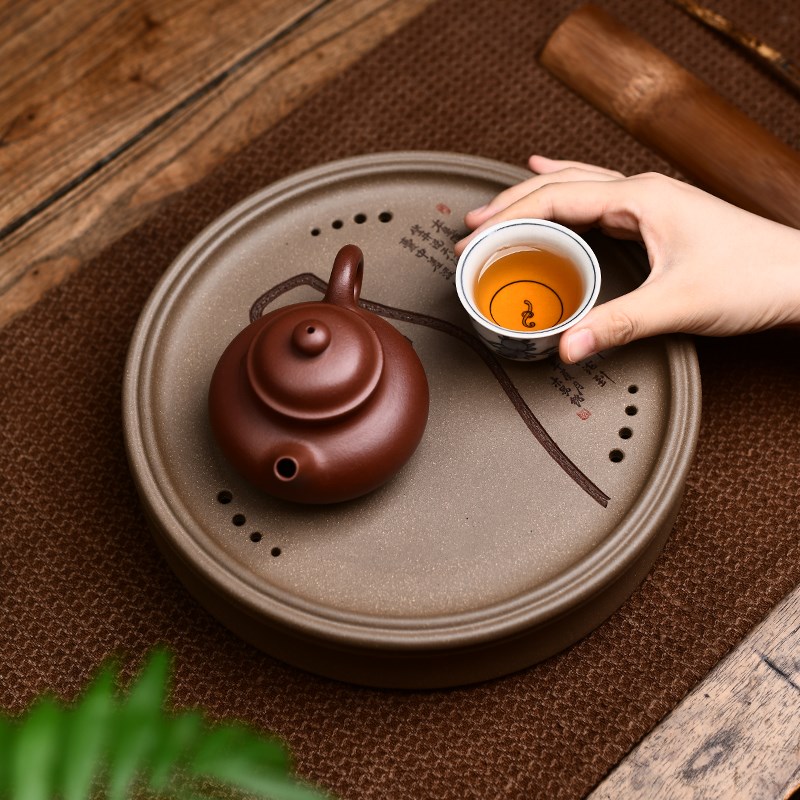 宜兴原矿紫砂纯手工干泡台茶盘双层储水泡茶圆形茶桌茶台家用小型