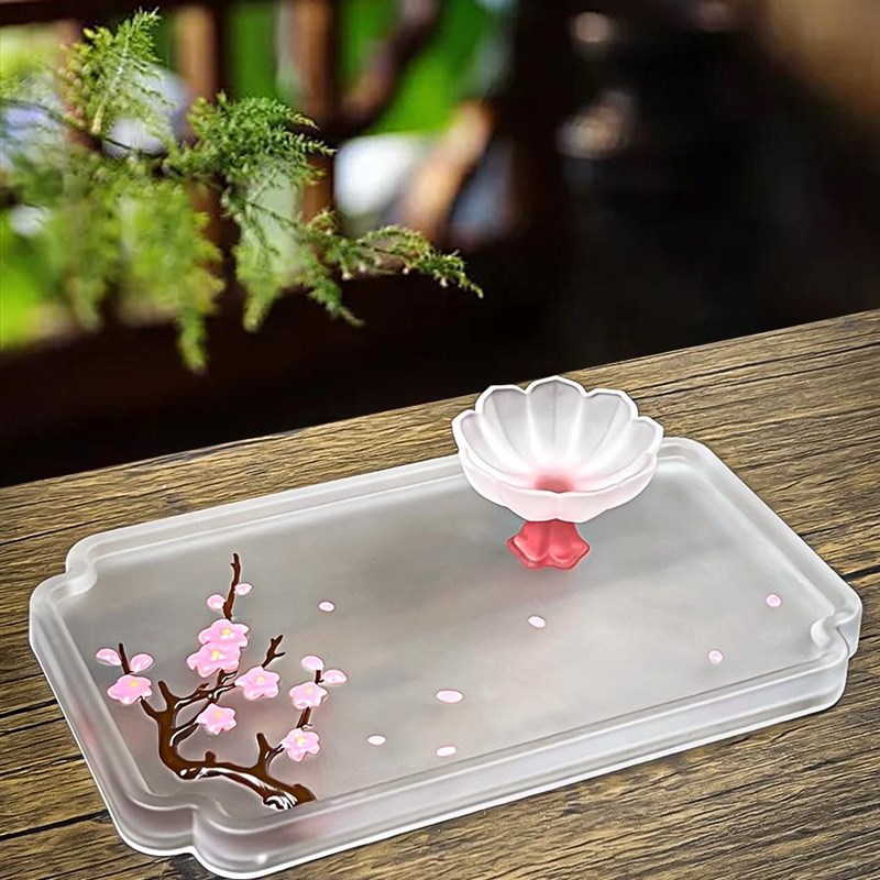 中式简约四方磨砂沥水盘小型水晶玻璃桃花功夫茶具壶承手绘茶盘