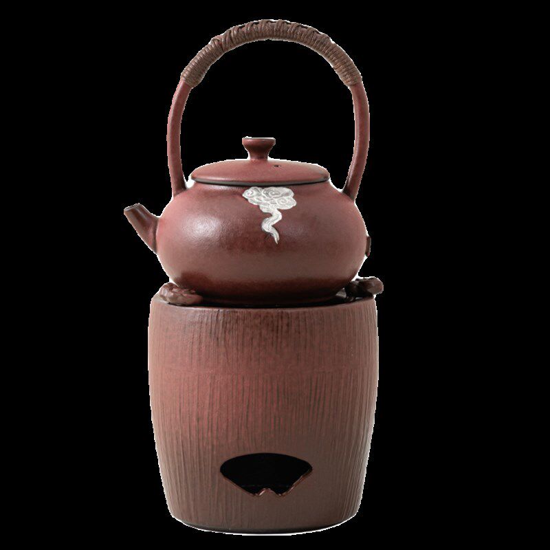 枣红釉银彩煮茶壶煮茶炉提梁壶酒精灯煮茶器户外室内围炉煮茶