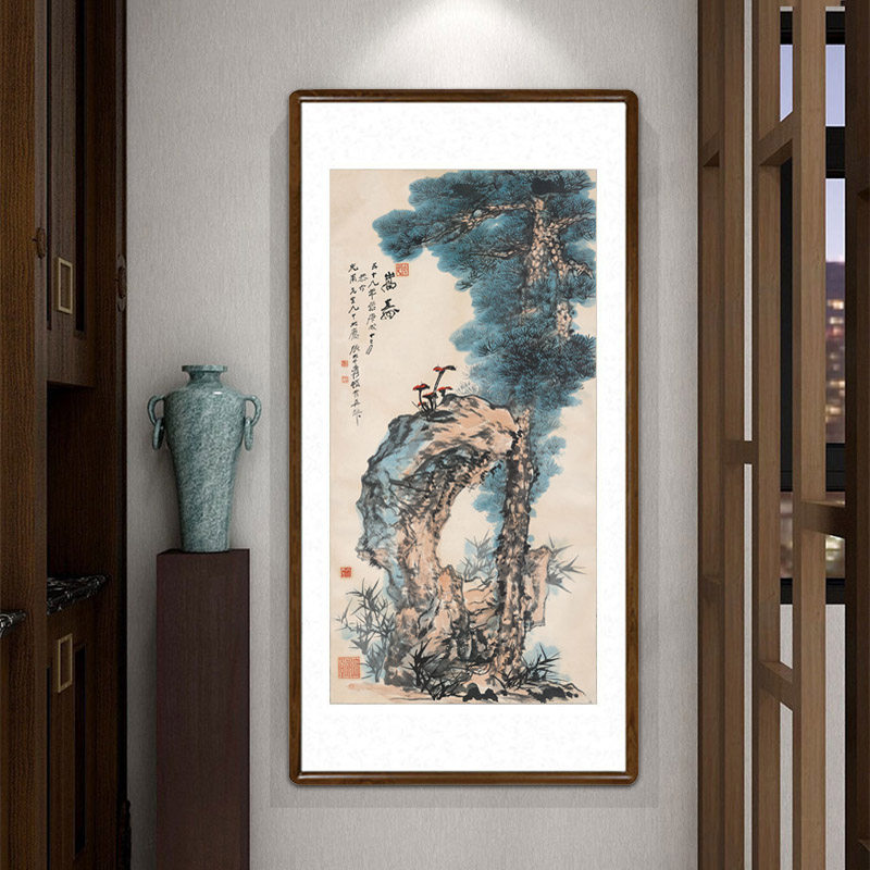 国画松树有镜框中式客厅玄关装饰画走廊过道竖版挂画张大千嵩寿图
