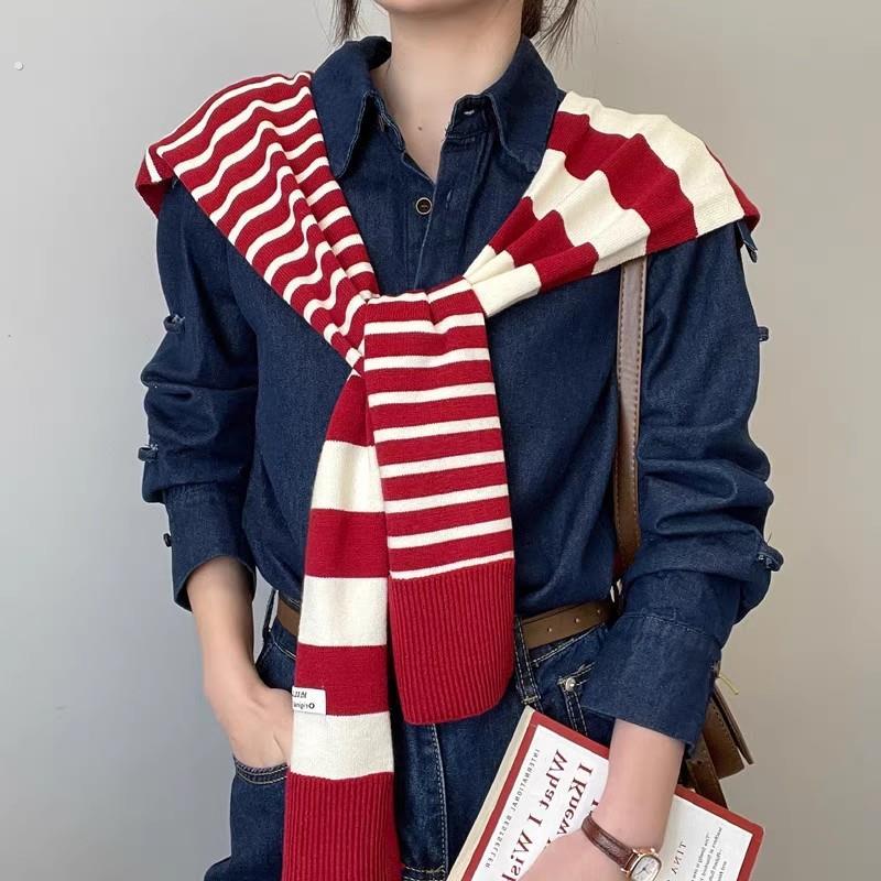 女士红色针织条纹披肩韩版洋气外搭小坎肩春夏外穿装饰护肩假领子