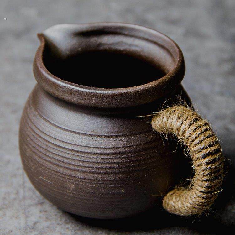 复古粗陶公道杯土陶煮茶均杯日式带把分茶器柴烧家用大号可加热