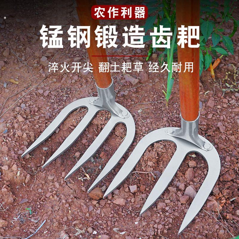 新款加厚锰钢耙子农用钉耙开荒翻土锄草锄头四齿耙子全钢耙子铁耙图片