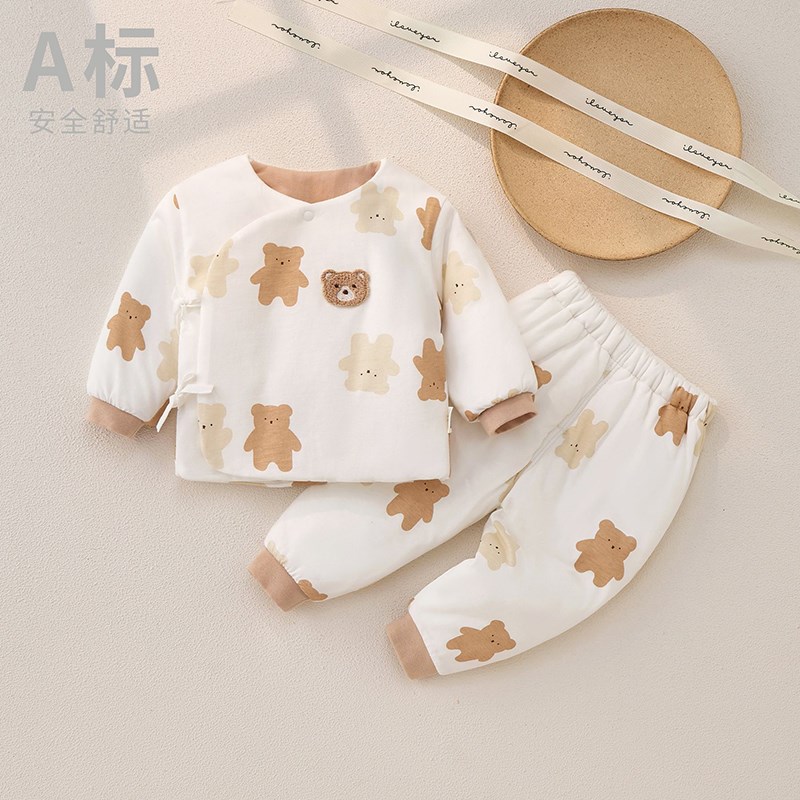 0-3月新生婴儿纯棉夹棉保暖棉衣套装初生宝宝保暖棉服两件套秋冬