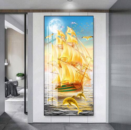 入户抽象玄关装饰画寓意好走廊过道壁画客厅竖版羽毛轻奢晶瓷挂画