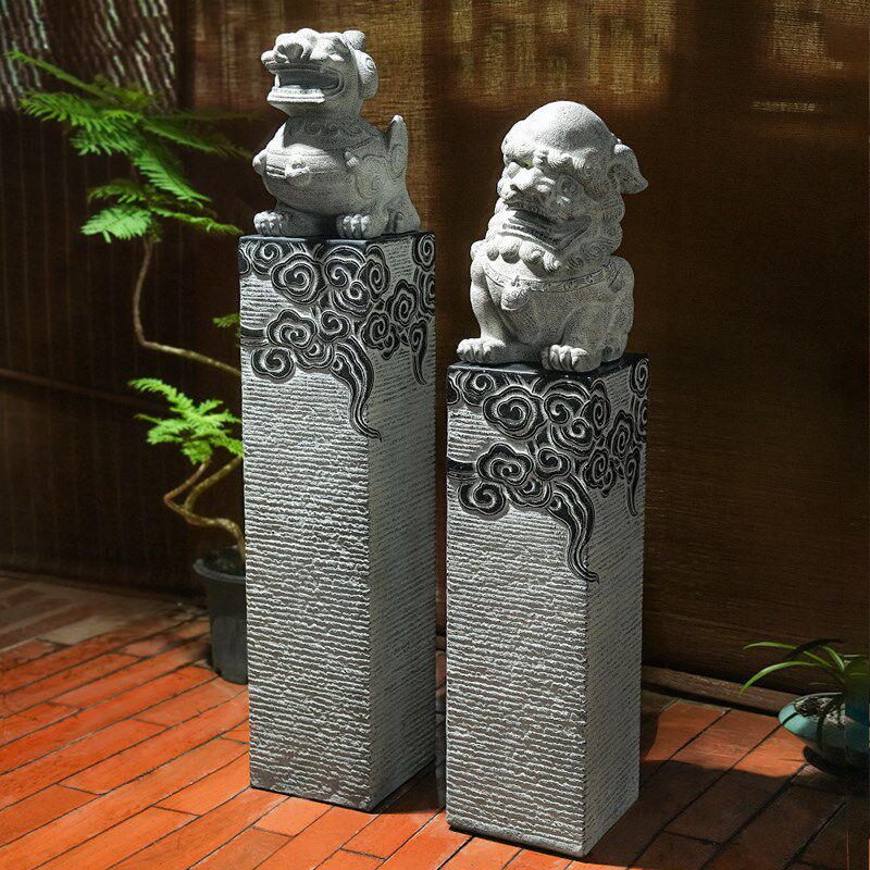 麒麟狮子貔貅门口拴马柱落地装饰摆件中式仿古庭院茶室内仿石摆设