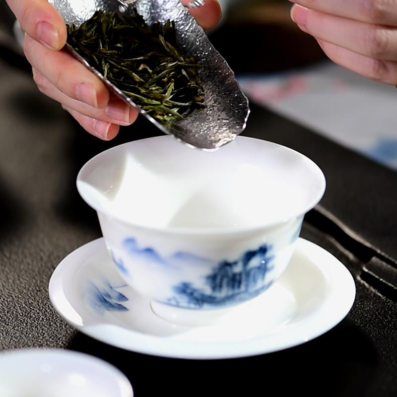 天福彼物青花青峦忆江南盖碗 陶瓷茶具茶杯简约白瓷大号单个茶碗