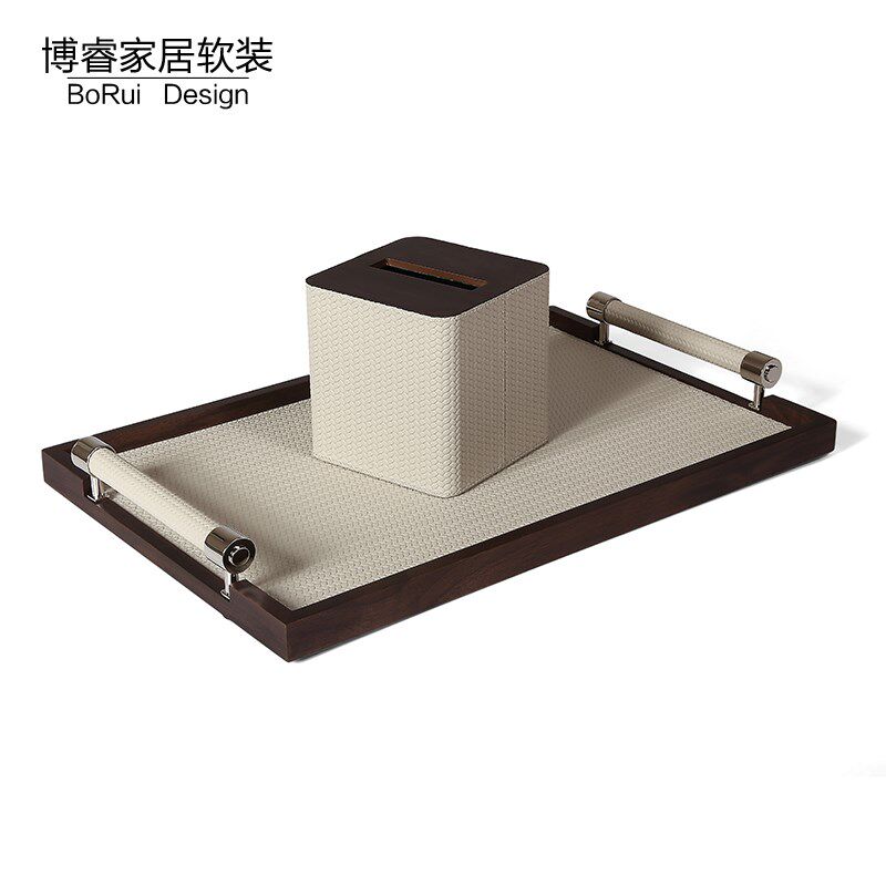 样板间售楼处洽谈区茶几托盘纸巾盒实木皮革客厅餐厅软装饰品摆件