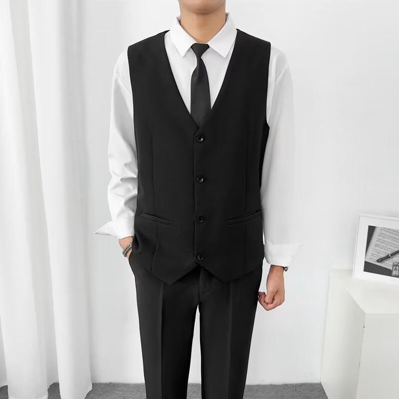 酒红衬衫黑马甲黑西裤三件套男结婚订婚新郎伴郎宴会礼服西服套装