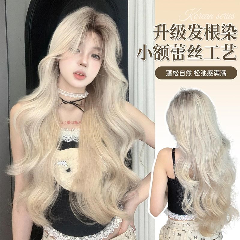 升级发根染-束朵假发女中分刘海长卷发新款中分蕾丝长卷发全头套