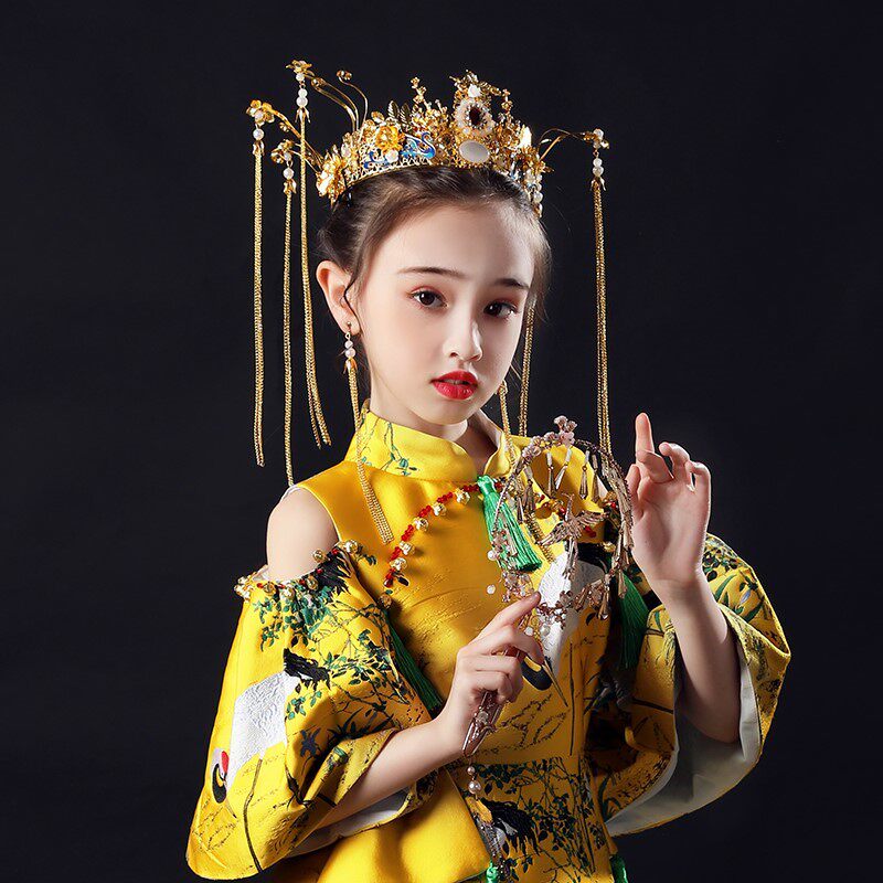 儿童皇冠头饰国潮中国风模特走秀礼服公主女童中式流苏发冠发饰女