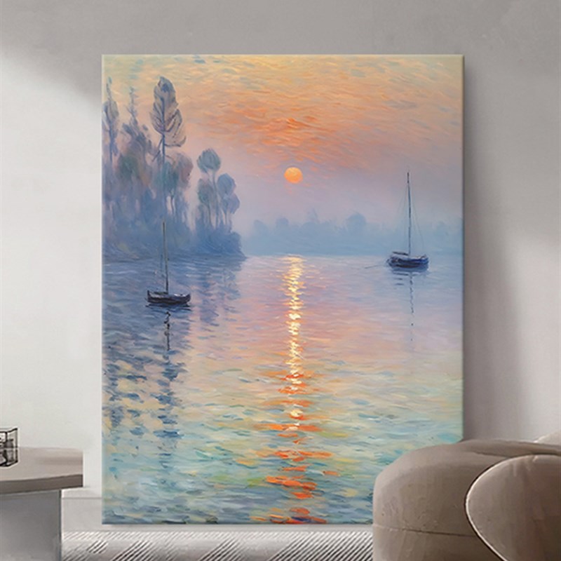 莫奈日出纯手绘油画印象风景玄关过道装饰画客厅世界名画肌理挂画
