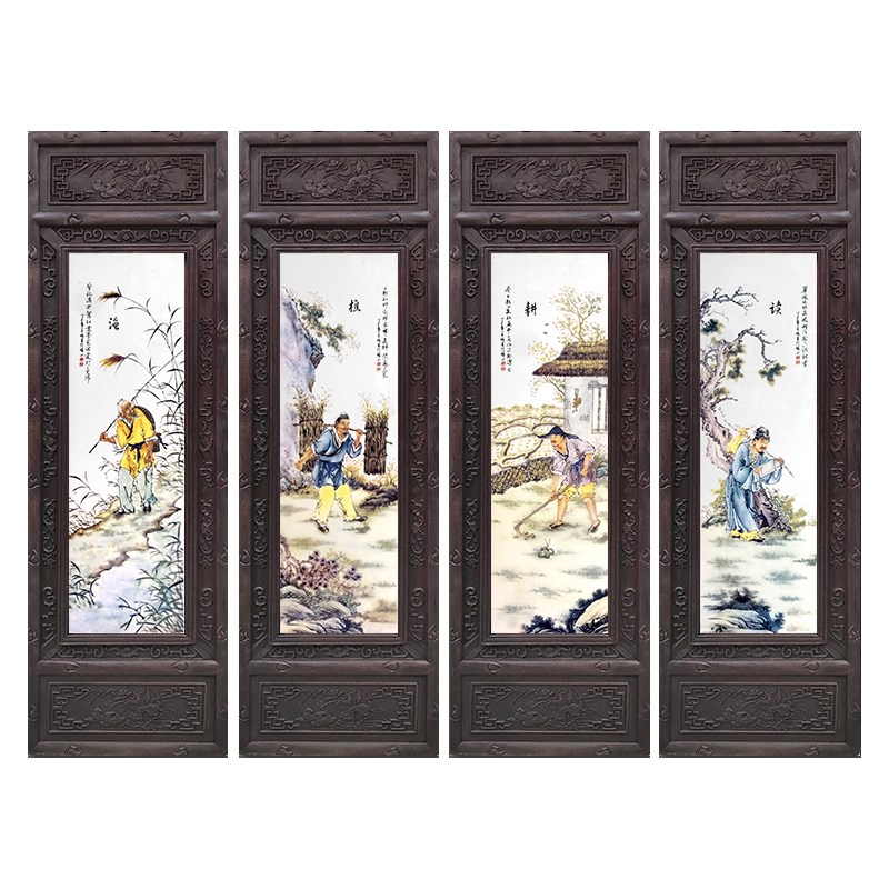 包邮景德镇瓷板画四条屏实木挂画客厅茶室背景墙装饰怀旧复古挂屏